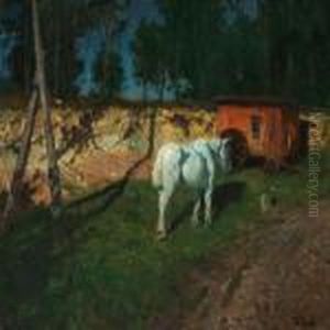 White Horse In Front Of A Red Workmen's Hut, Evening Light, France by Fritz Thaulow