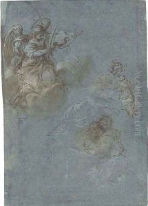 An angel playing a violin and two saints seated among clouds An angel playing a violin and two saints seated among clouds
