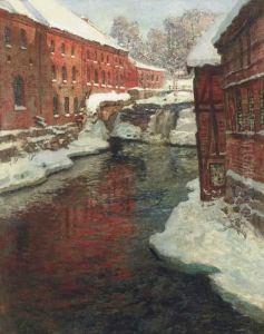 Snodekt By Med Elv Og Foss (snow-covered Town With Waterfall) by Fritz Thaulow