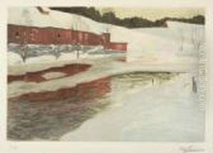 Winter Landscape With A Red Barn Near A River Winter Landscape With A Red Barn Near A River