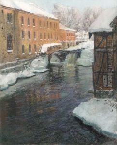 A River Cascade Among Factory Buildings On A Winter's Day by Fritz Thaulow