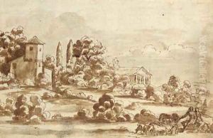 A classical landscape with shepherds tending their flock A classical landscape with shepherds tending their flock