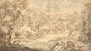 An extensive classical landscape with a town by a river
