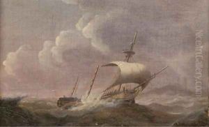 A dismasted merchantman under jury rig off the coast