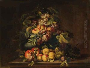 Peaches, plums, grapes, pears and limes in an urn with other fruit on a ledge Peaches, plums, grapes, pears and limes in an urn with other fruit on a ledge