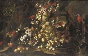 A marble bust surrounded by roses by Giovanni Paolo Castelli, Called Spadino