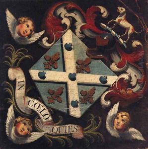 A Hatchment comprising a Coat of Arms with the motto IN COELO QUIES supported by three Seraphim by English Provincial School