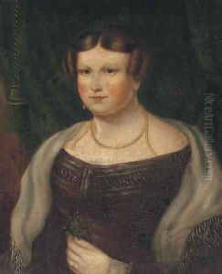 Portrait of a lady, bust-length, in a purple dress, holding a posy by English Provincial School