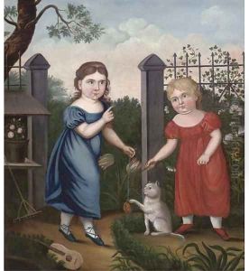 Portrait of two girls, full-length, in a garden by English Provincial School