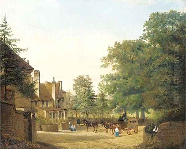 A horse-drawn carriage arriving at the Barley Mow Inn - view 1