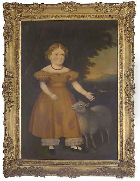 Portrait of a girl, full-length, in an orange dress and sheep - view 1