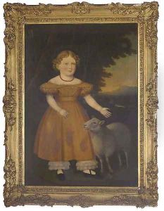 Portrait of a girl, full-length, in an orange dress and sheep by English Provincial School