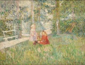 Deux Jeunes Filles Dans Un Parc Ensoleille by Louis Thevenet