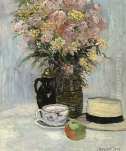 Nature Morte Au Bouquet De Fleurs Et Chapeau De Paille