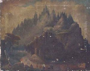Travellers surveying an Italianate citadel by English Provincial School