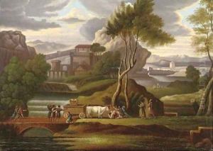 Worshippers before a holy relic, in a capriccio landscape