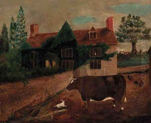 A prize bull before a cottage by English Provincial School
