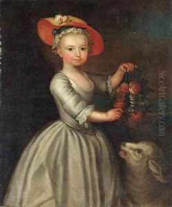 Portrait of a girl, holding a garland of flowers, a sheep beside by English Provincial School