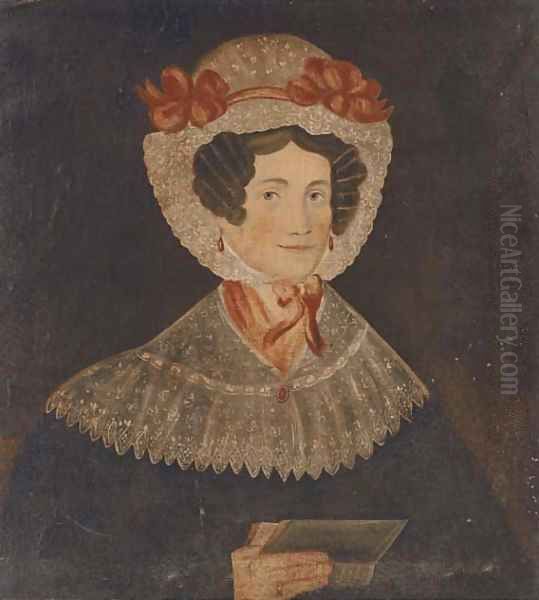 Portrait of a lady, half-length, in a black dress with lace collar and cap, holding a book - view 1
