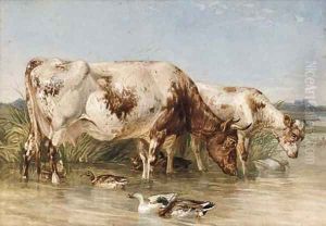 Cattle watering at a duck pond by English Provincial School