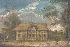 Figures by country cottages by English Provincial School