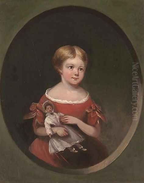 Portrait of a young girl, half-length, in a red dress holding a doll - view 1