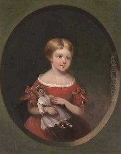 Portrait of a young girl, half-length, in a red dress holding a doll by English Provincial School