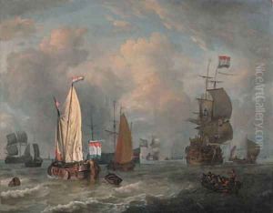 A smalschip, a boeier yacht, a Dutch frigate and other shipping in choppy seas by Abraham Jansz Storck