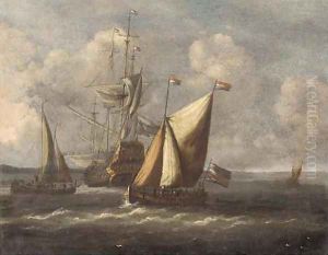 Barges before a Dutch man-o'war by Abraham Jansz Storck