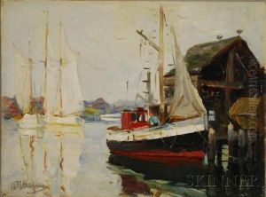 Moored Schooners With Fishing Boat At Pier by Anthony Thieme