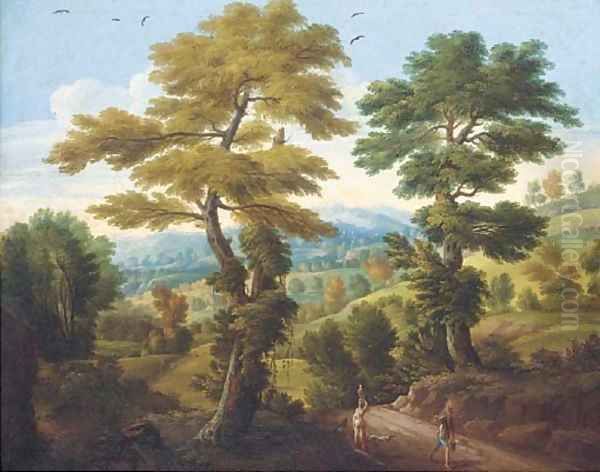 A wooded landscape with travellers on a path - view 1
