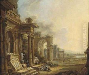 An architectural capriccio of classical ruins with travellers in the foreground