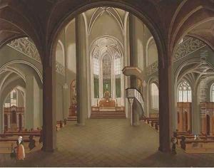 The interior of a Gothic church with figures by the pews by Christian Stocklin