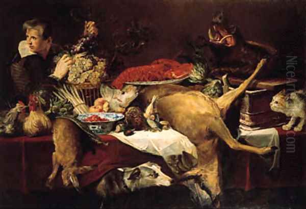 Chickens, a dead hare, artichokes, a bunch of asparagus, a melon, oranges, dead game, frais-de-bois in a klapmuts, a lobster on a porcelain dish - view 1