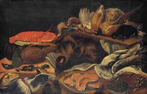 Still life with a peacock, a lobster, a wild boar, a cormorant and game birds on tables by Frans Snyders