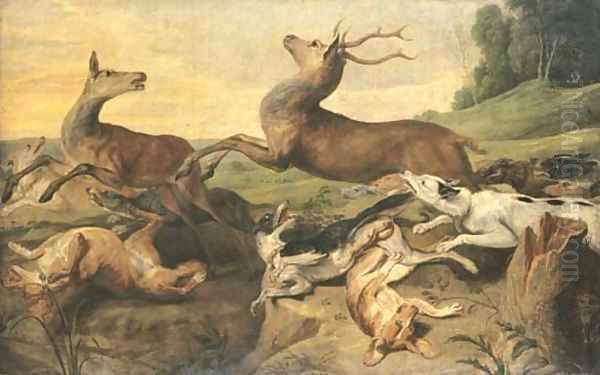 Dogs hunting deer in a landscape - view 1