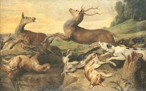 Dogs hunting deer in a landscape