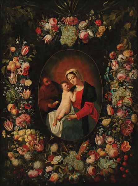 A garland of flowers and fruit decorating a medallion of the Holy Family - view 1