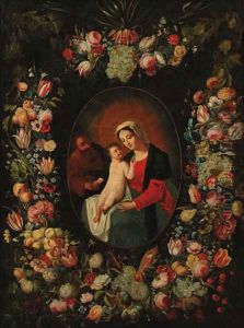 A garland of flowers and fruit decorating a medallion of the Holy Family