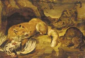 A fox defending its kill from wild cats by Frans Snyders