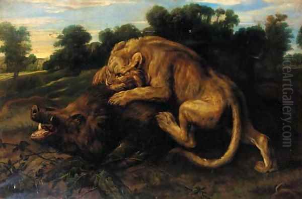 A lioness attacking a boar in a landscape - view 1
