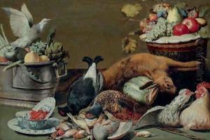 Artichokes, lemons and pigeons in a silver tureen, crayfish in a Wan-li bowl