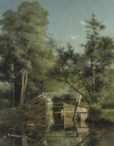 Landschap Te Giethoorn: Punting On Calm Water Near A Bridge - view 1
