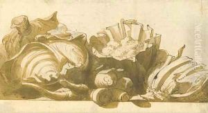 Cauliflowers, cabbages and turnips on a ledge