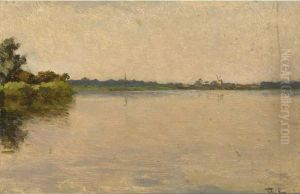 View Of A Lake, A Windmill In The Distance