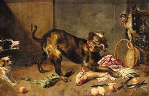 A hound guarding animal lights from other dogs with lemons