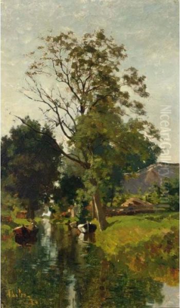 Summer Landscape With Moored Boats In A Waterway - view 1