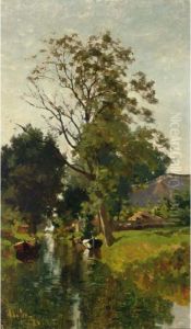 Summer Landscape With Moored Boats In A Waterway