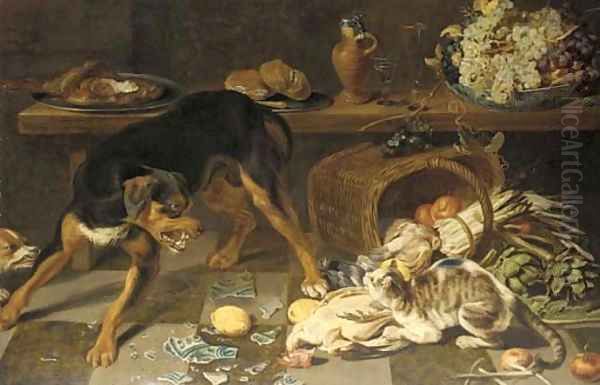 Dogs and cats fighting in a kitchen - view 1