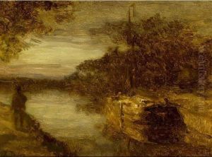 Moored Sailingvessel In An Evening Landscape by Willem Bastiaan Tholen